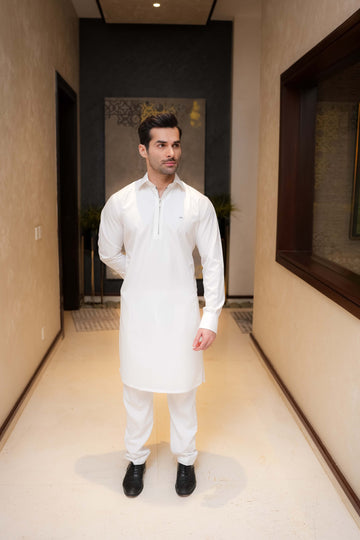 White Zipper Kurta Pyjama