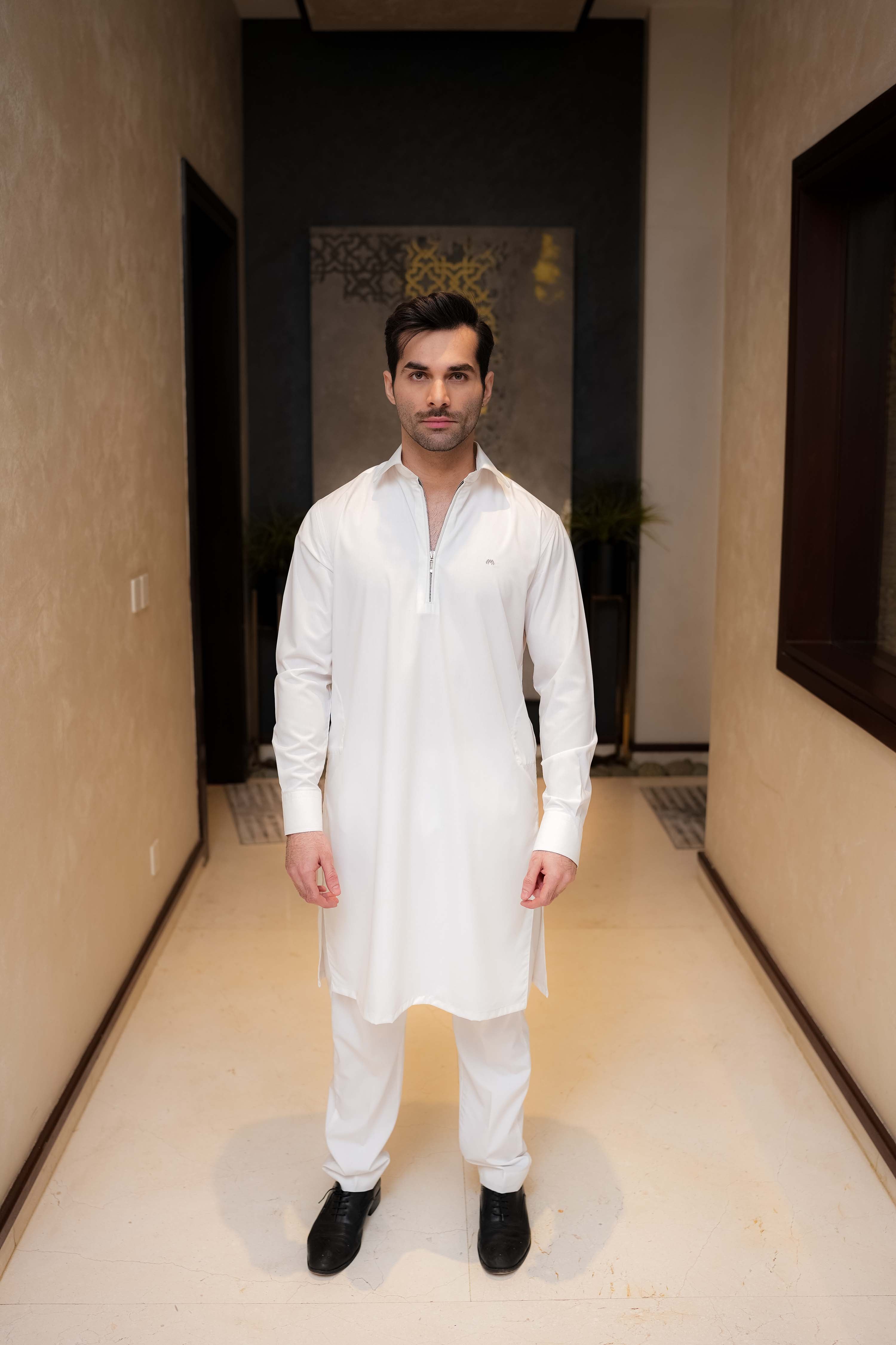 White Zipper Kurta Pyjama