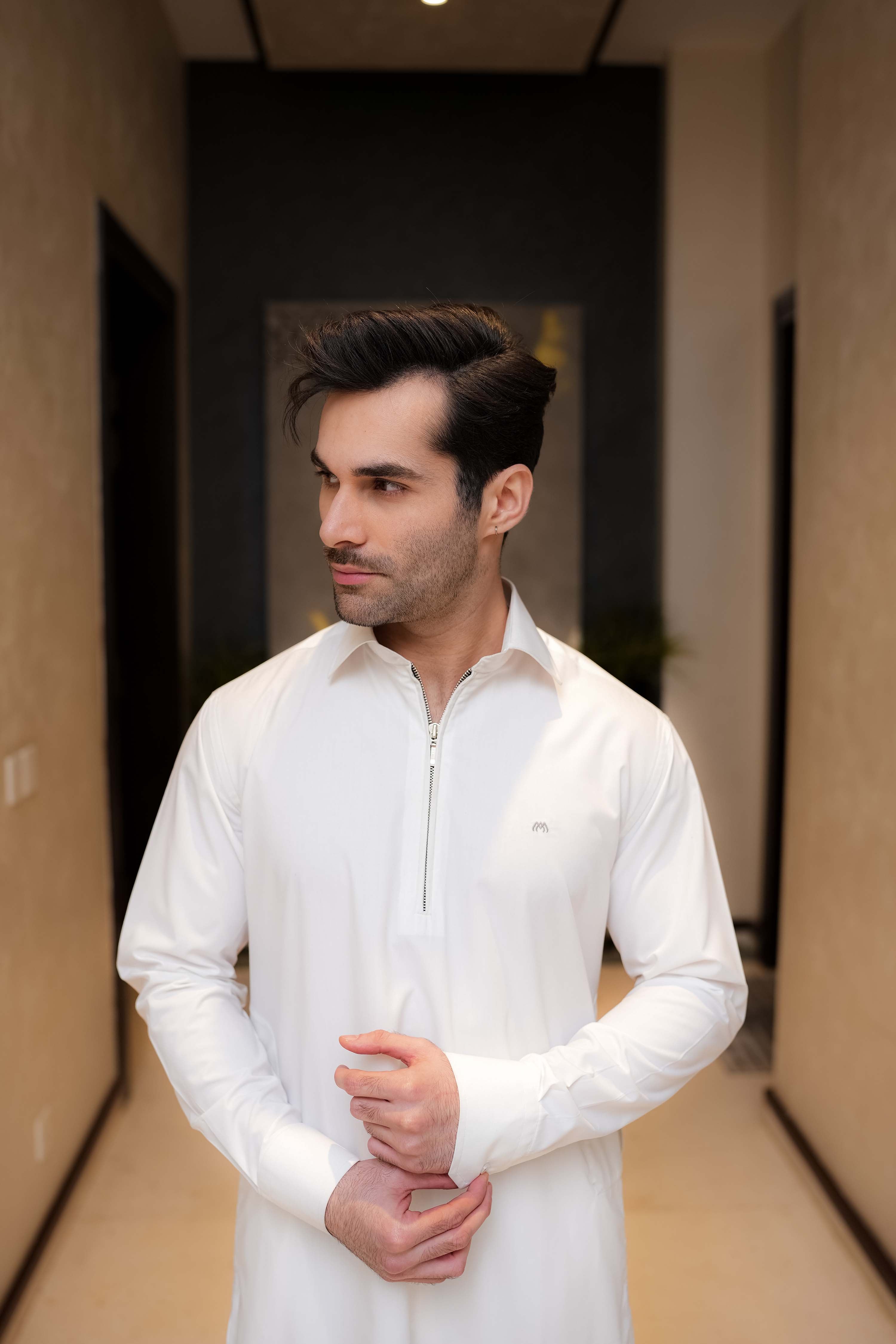 White Zipper Kurta Pyjama
