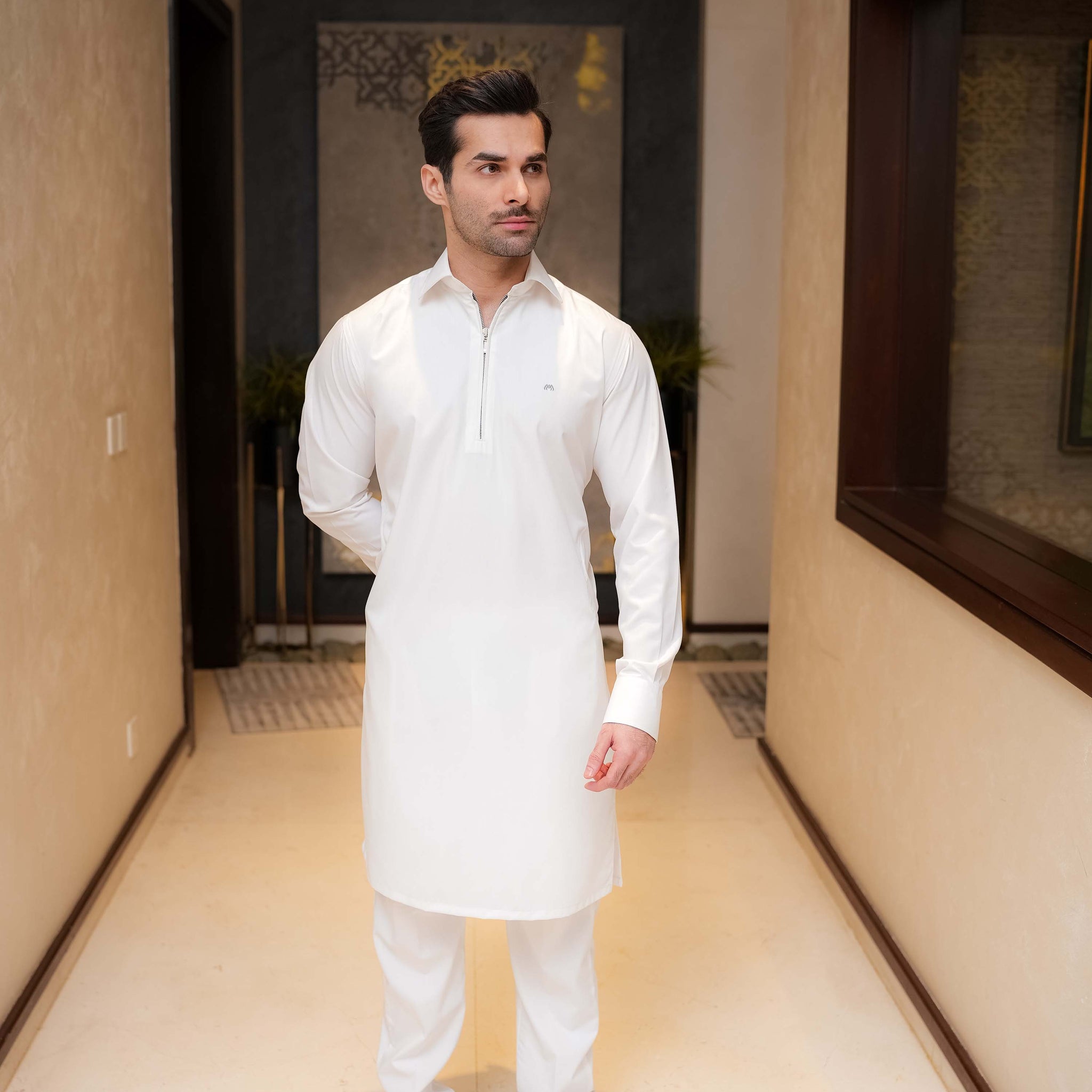 White Zipper Kurta Pyjama