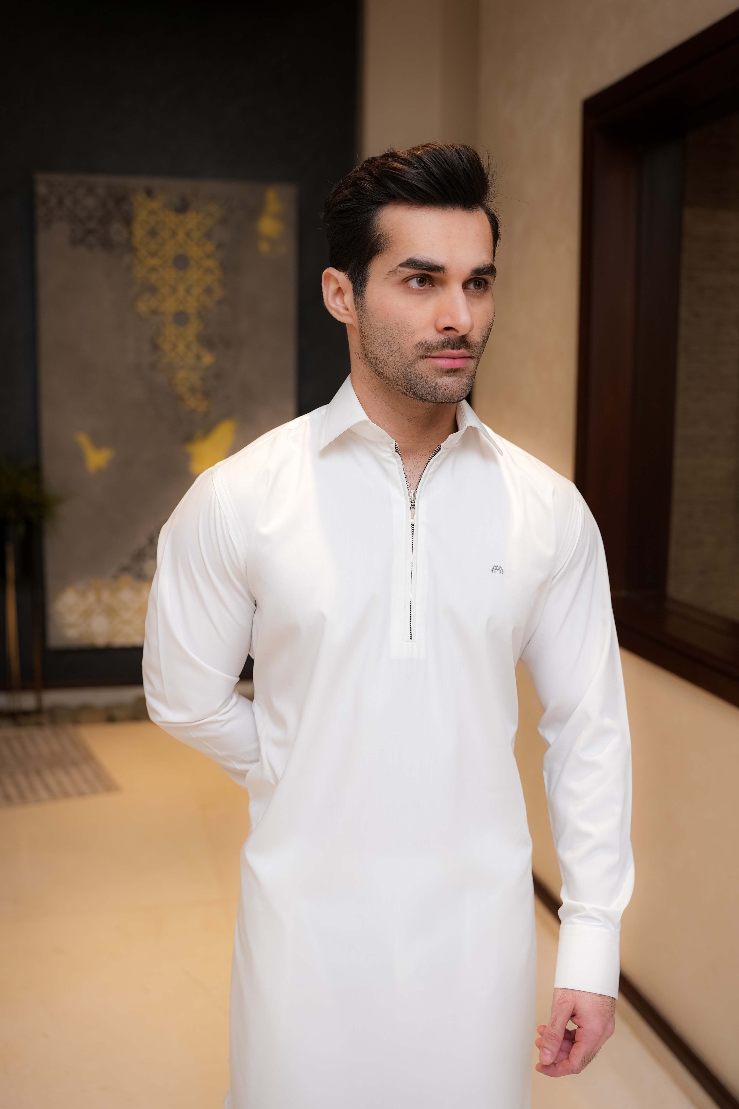 White Zipper Kurta Pyjama