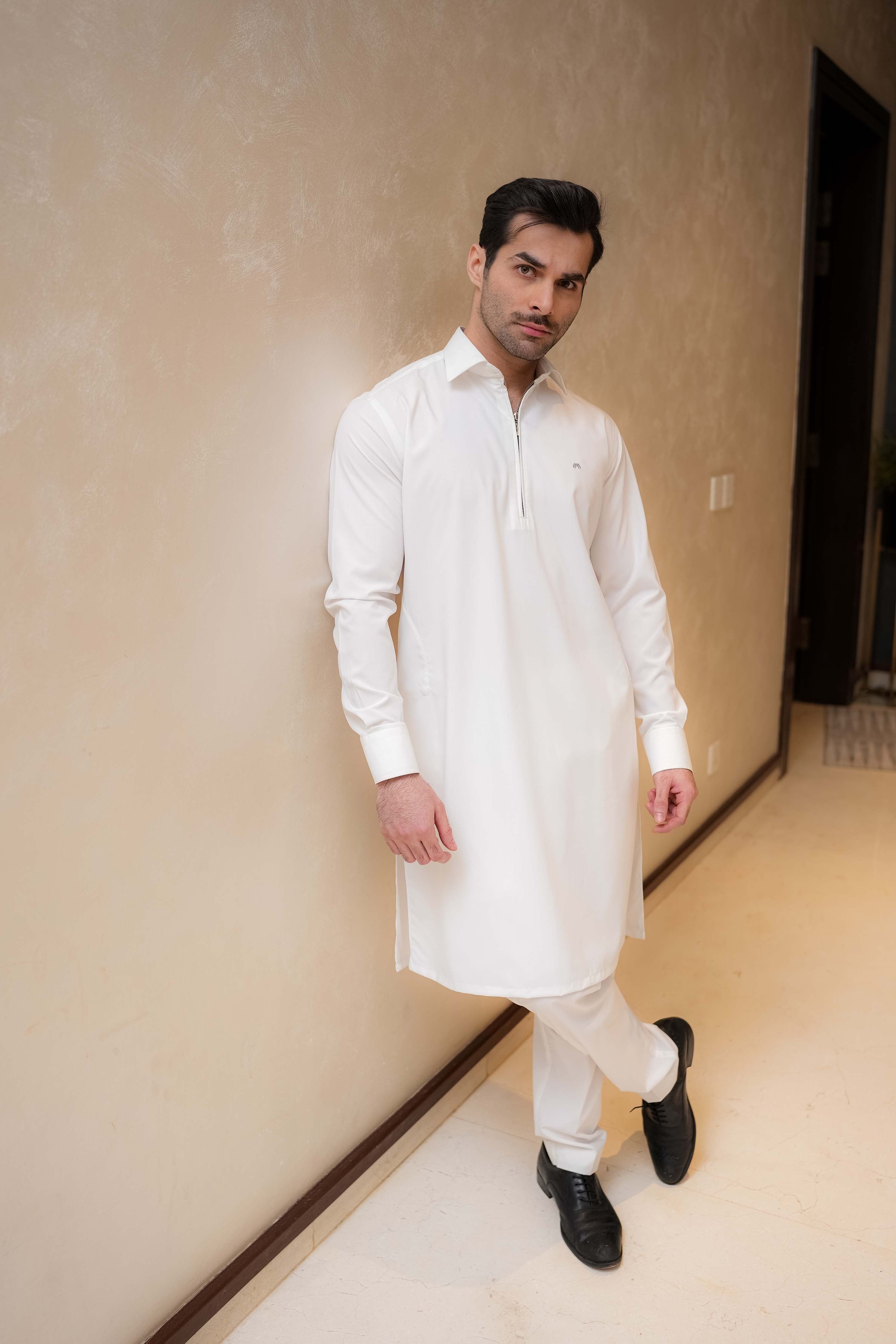 White Zipper Kurta Pyjama