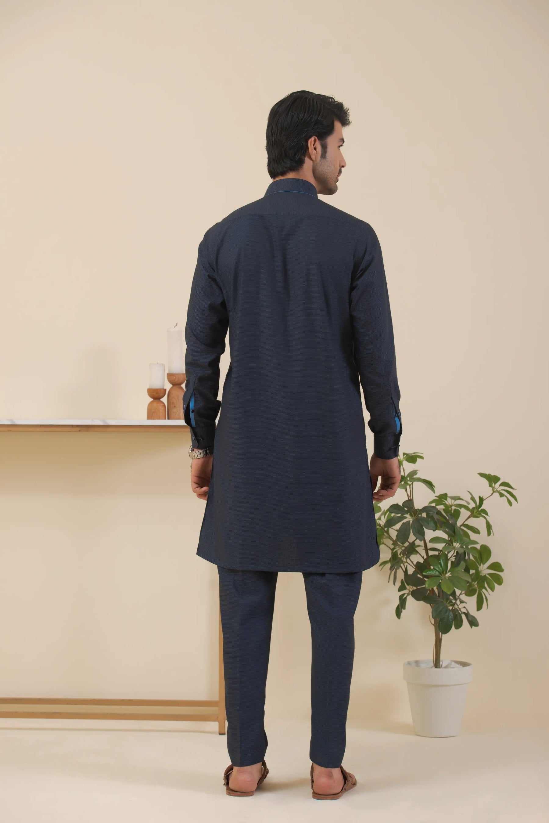 Navy Blue-Textured Kurta Pyjama