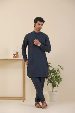 Navy Blue-Textured Kurta Pyjama