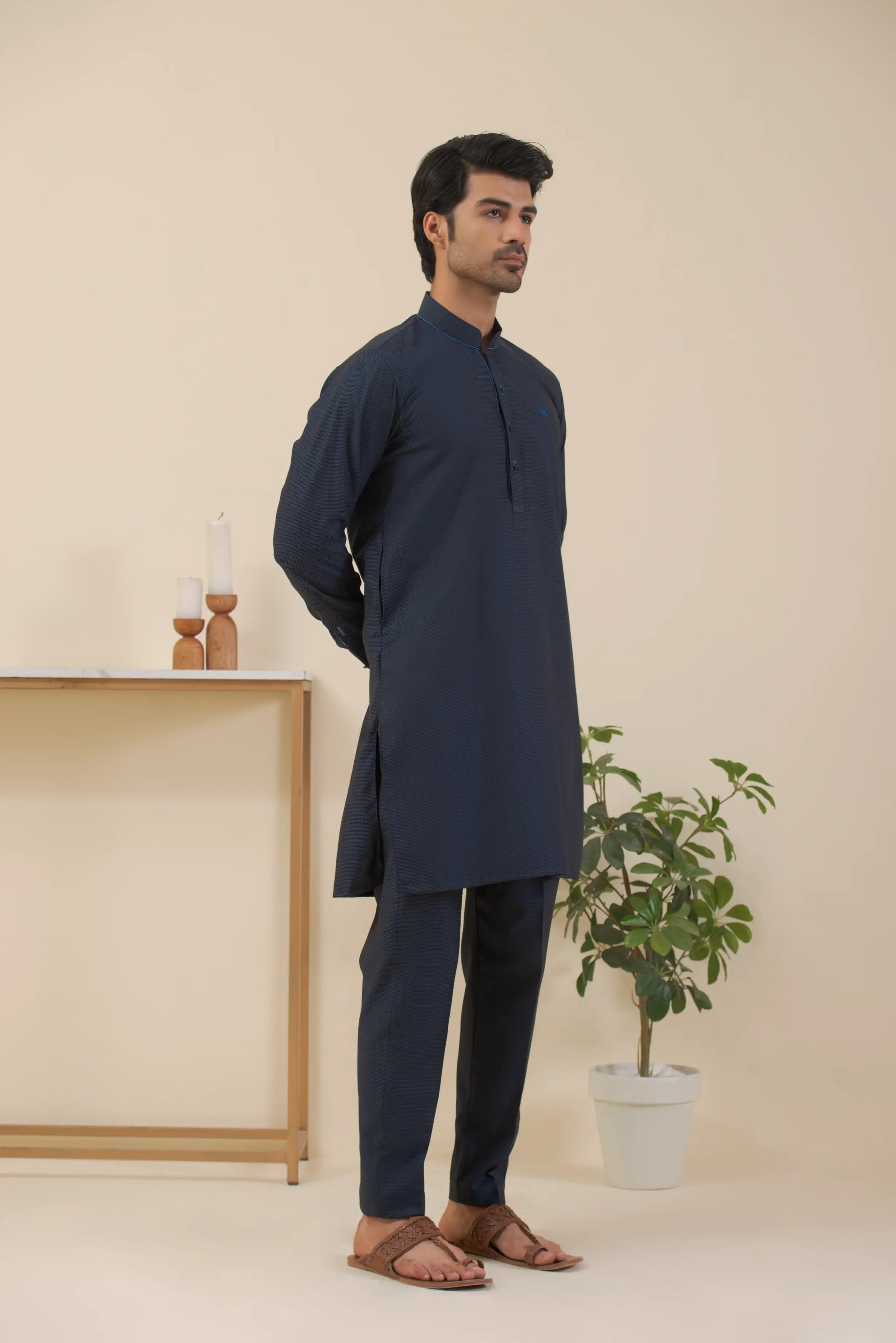 Navy Blue-Textured Kurta Pyjama