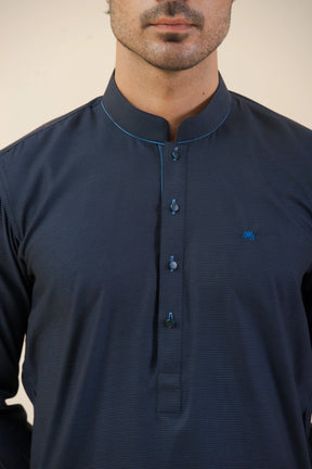 Navy Blue-Textured Kurta Pyjama