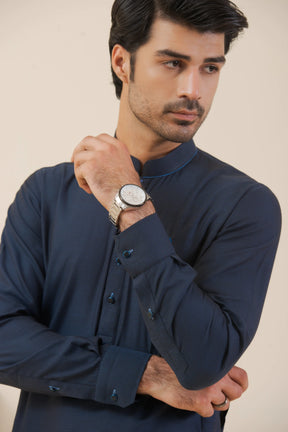 Navy Blue-Textured Kurta Pyjama