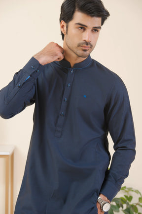 Navy Blue-Textured Kurta Pyjama