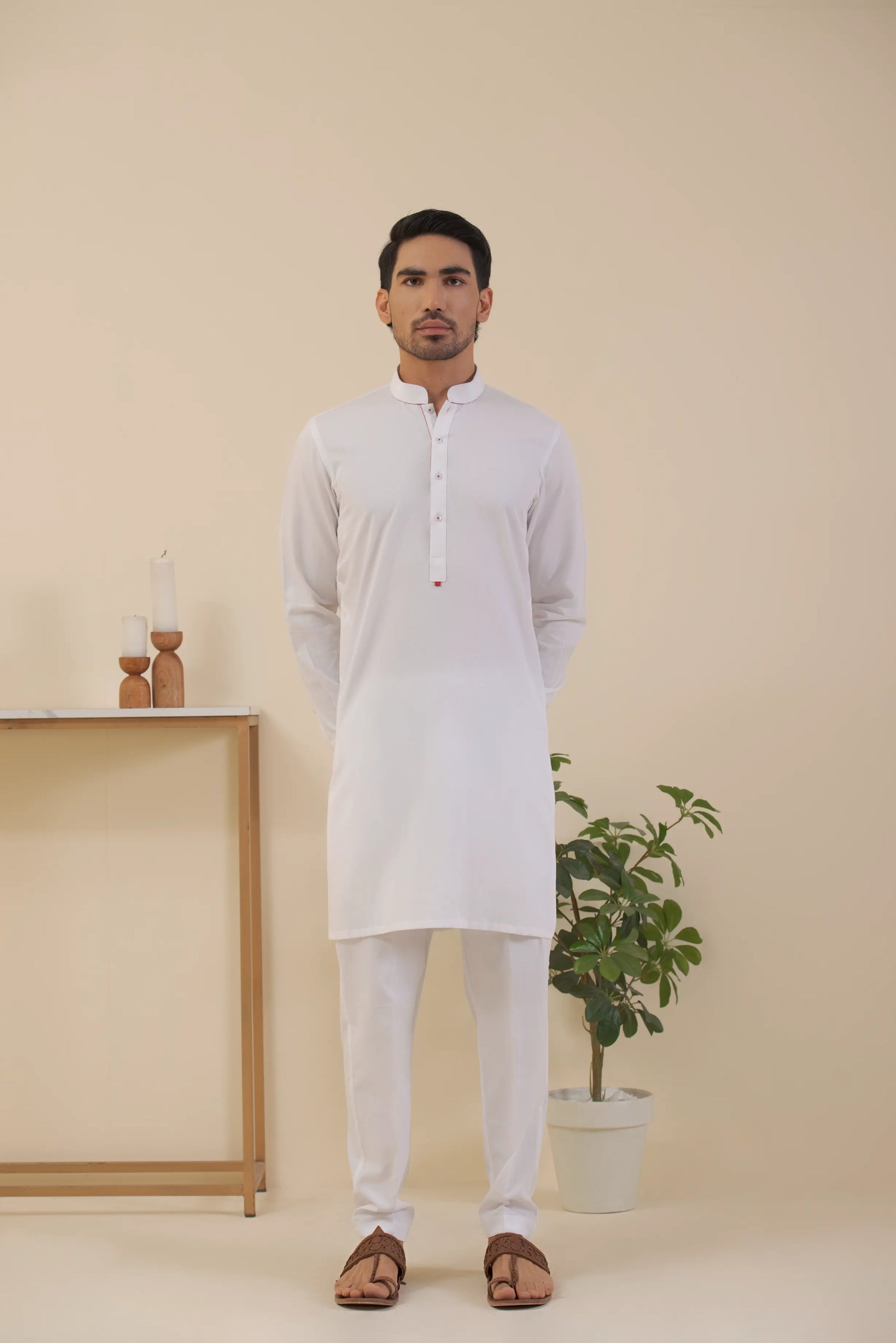 White-Textured Kurta Pyjama.