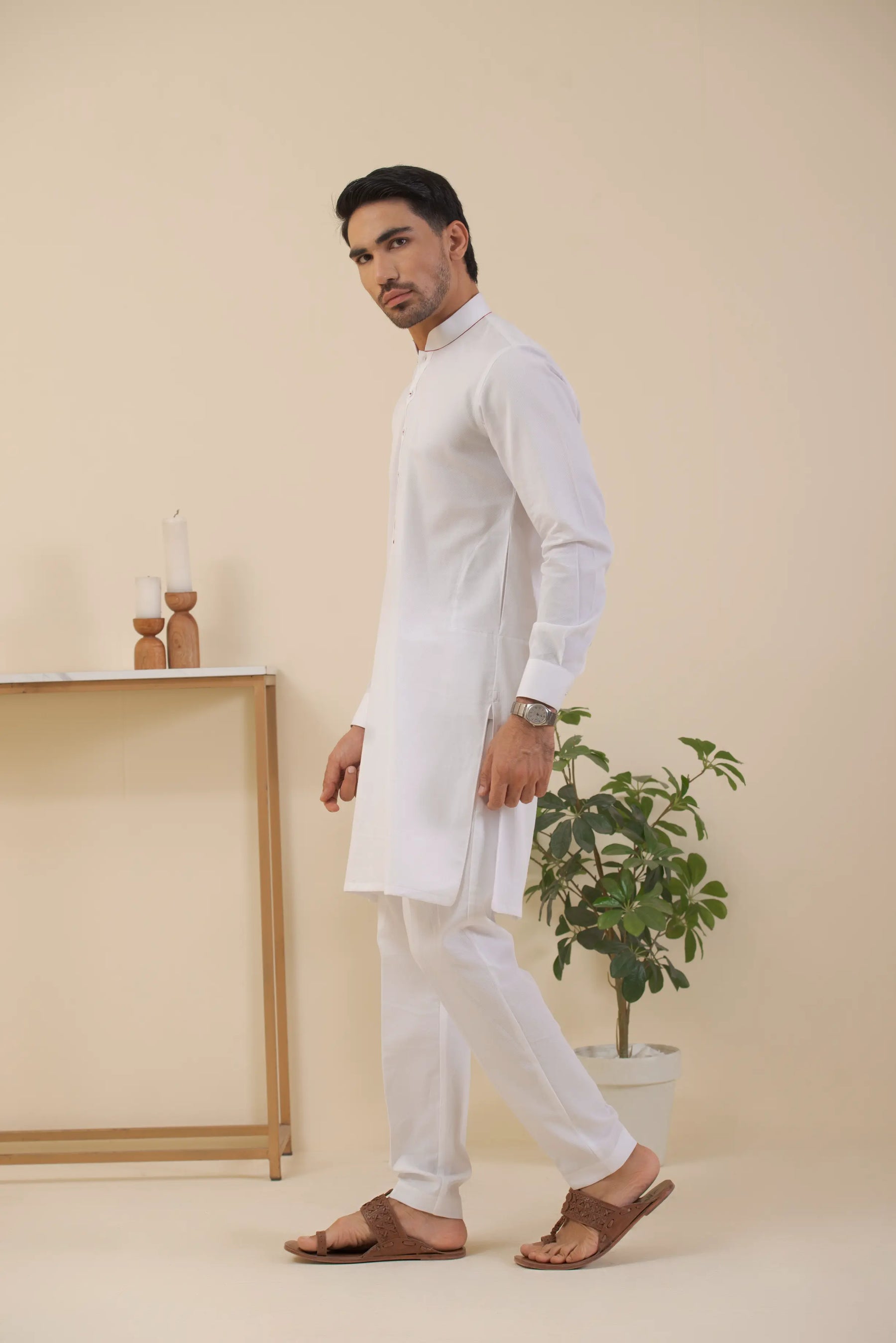 White-Textured Kurta Pyjama.