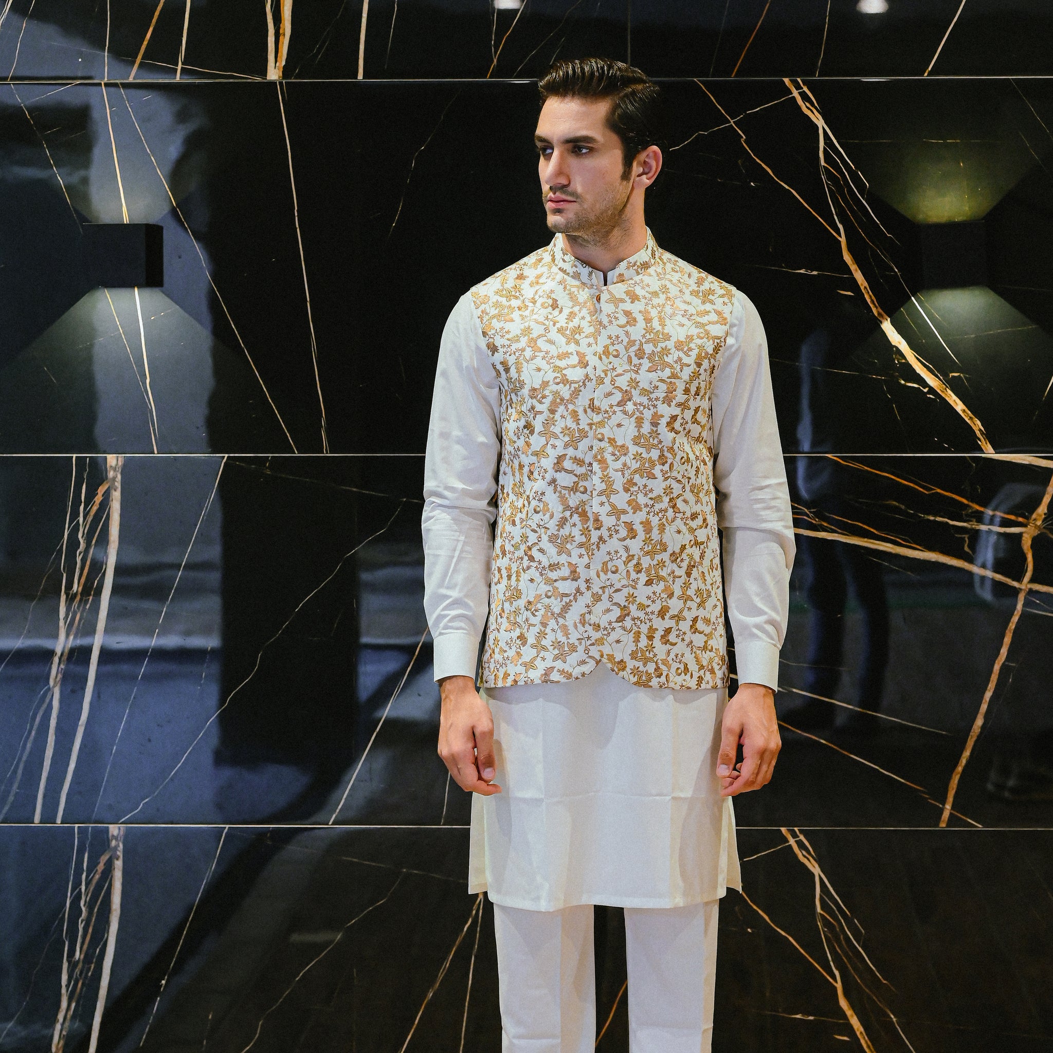 White with Brown Embroidered W Coat M-1.