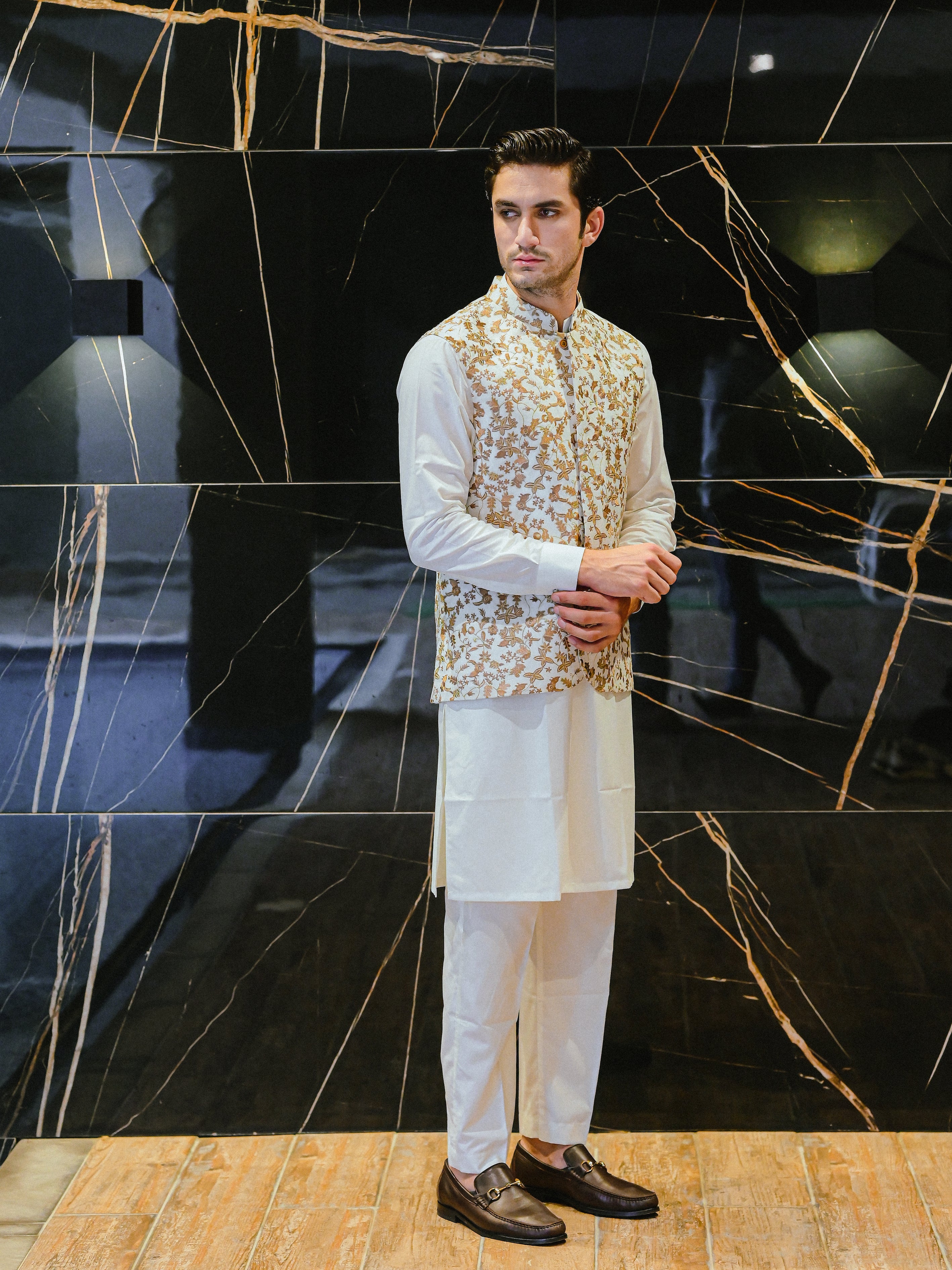 White with Brown Embroidered W Coat M-1.