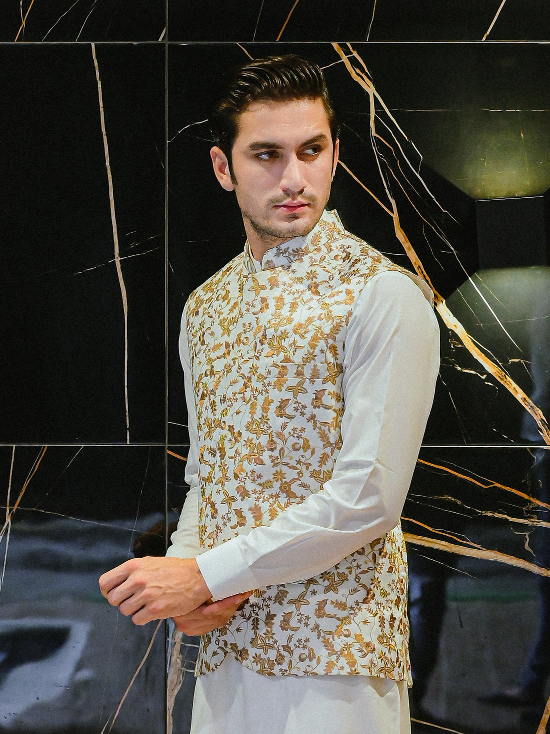 White with Brown Embroidered W Coat M-1.