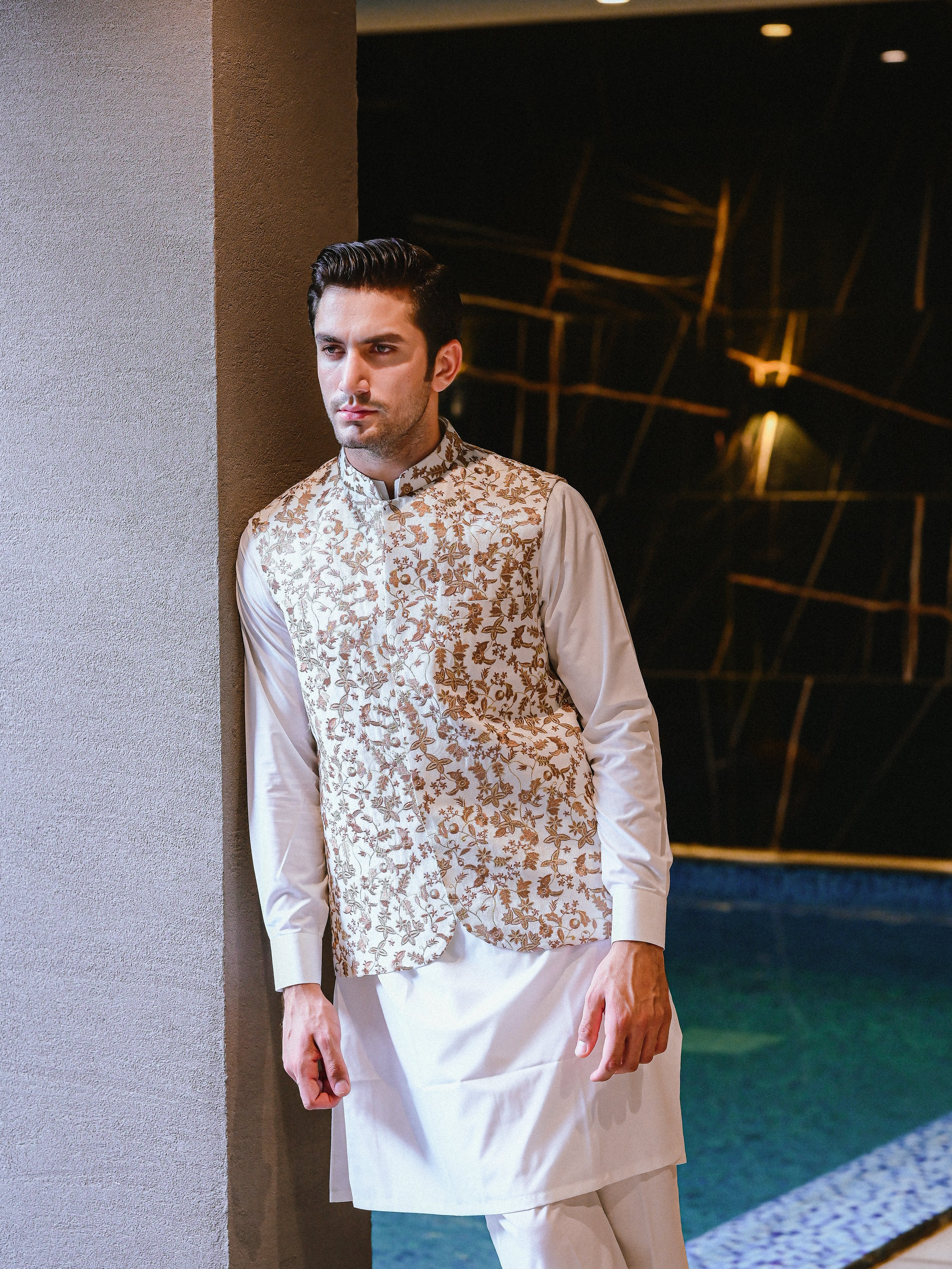 White with Brown Embroidered W Coat M-1.