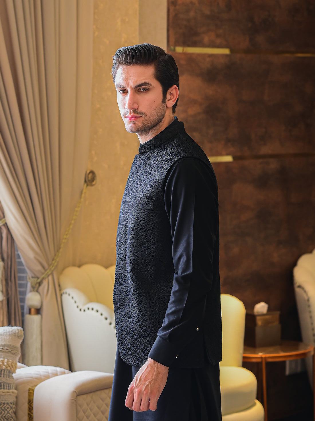 Black Self Embroidered Waist Coat M-6.