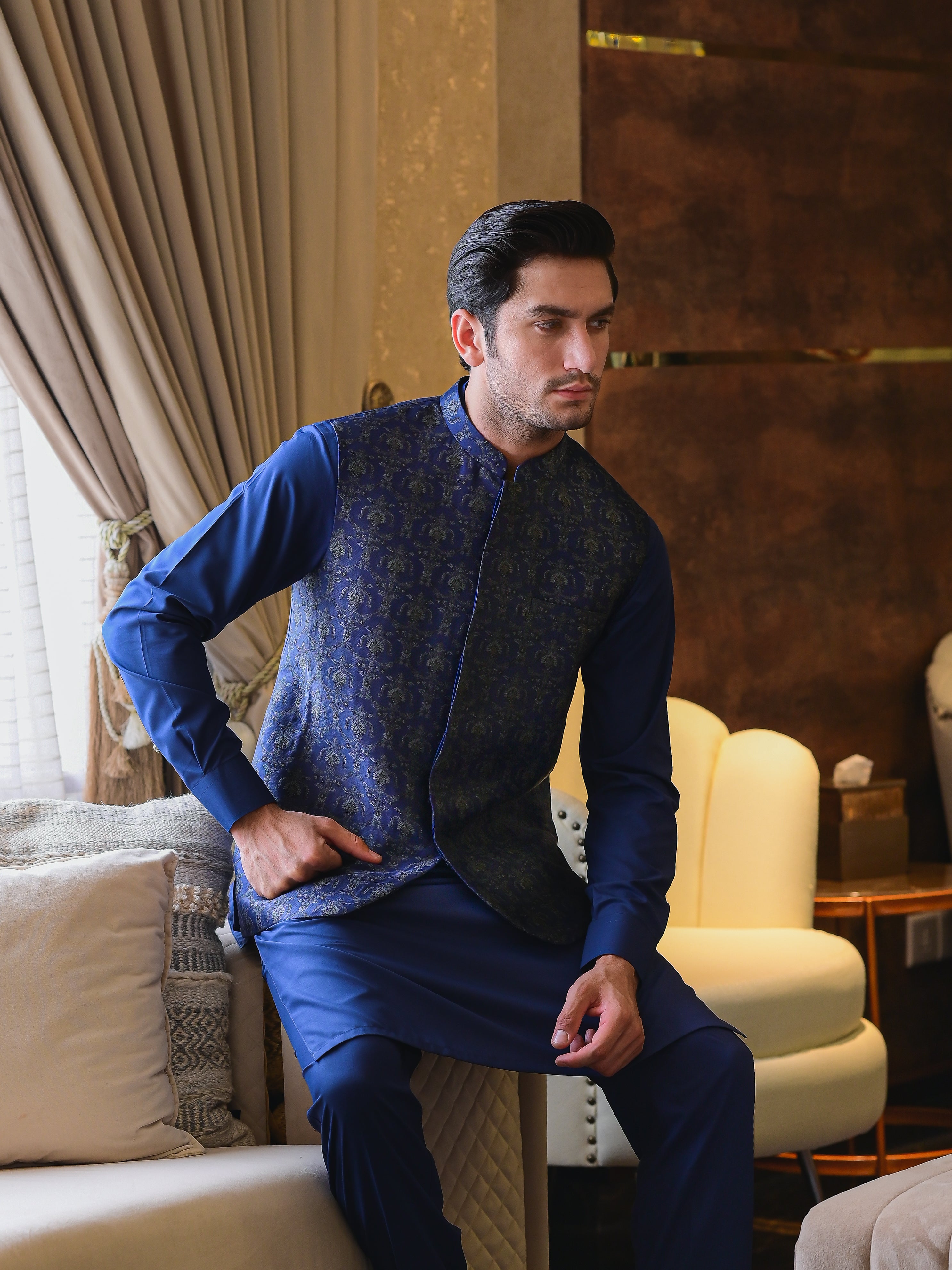 Blue Grey cross Embroidered Waist Coat J-2