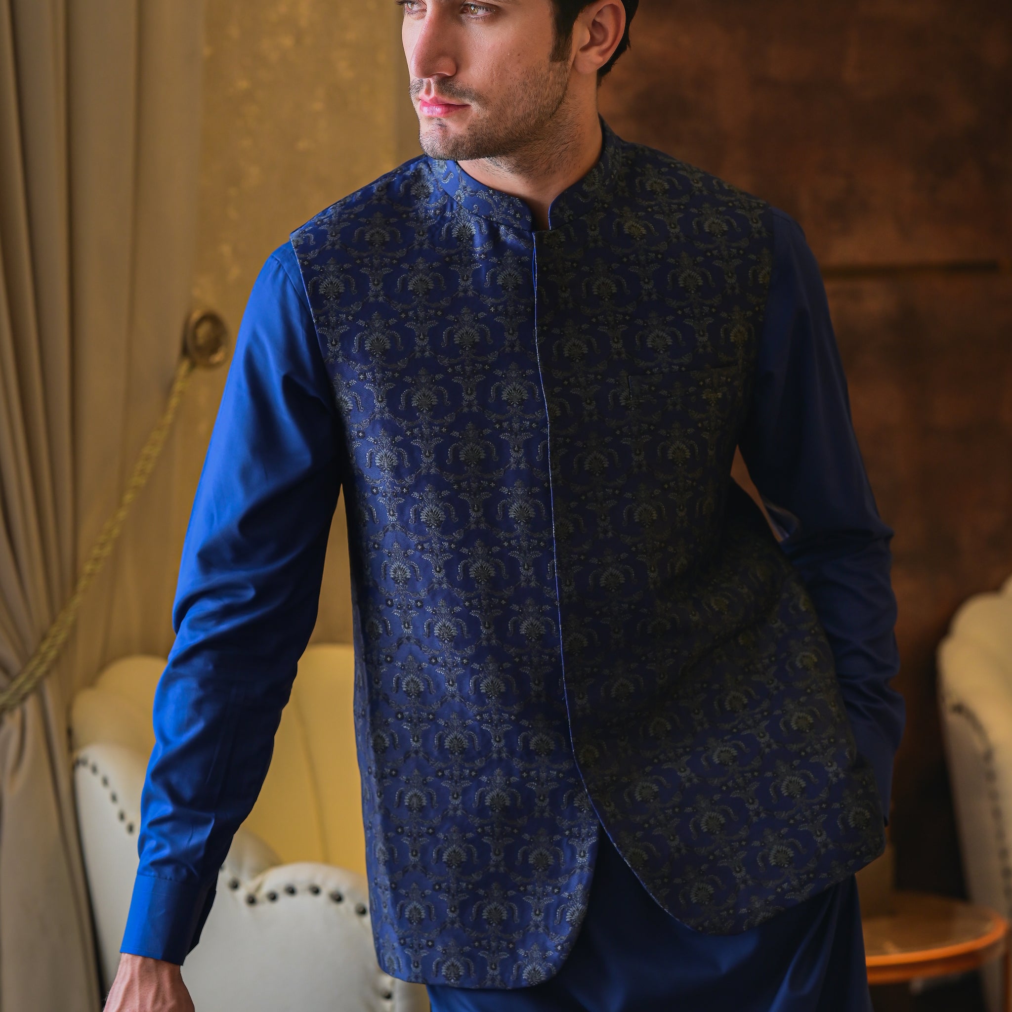Blue Grey cross Embroidered Waist Coat J-2