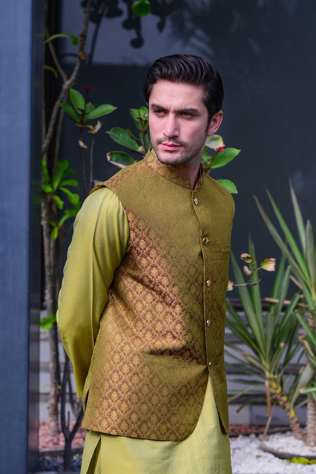 Brown Green cross Emroidered WaistCoat J-3.