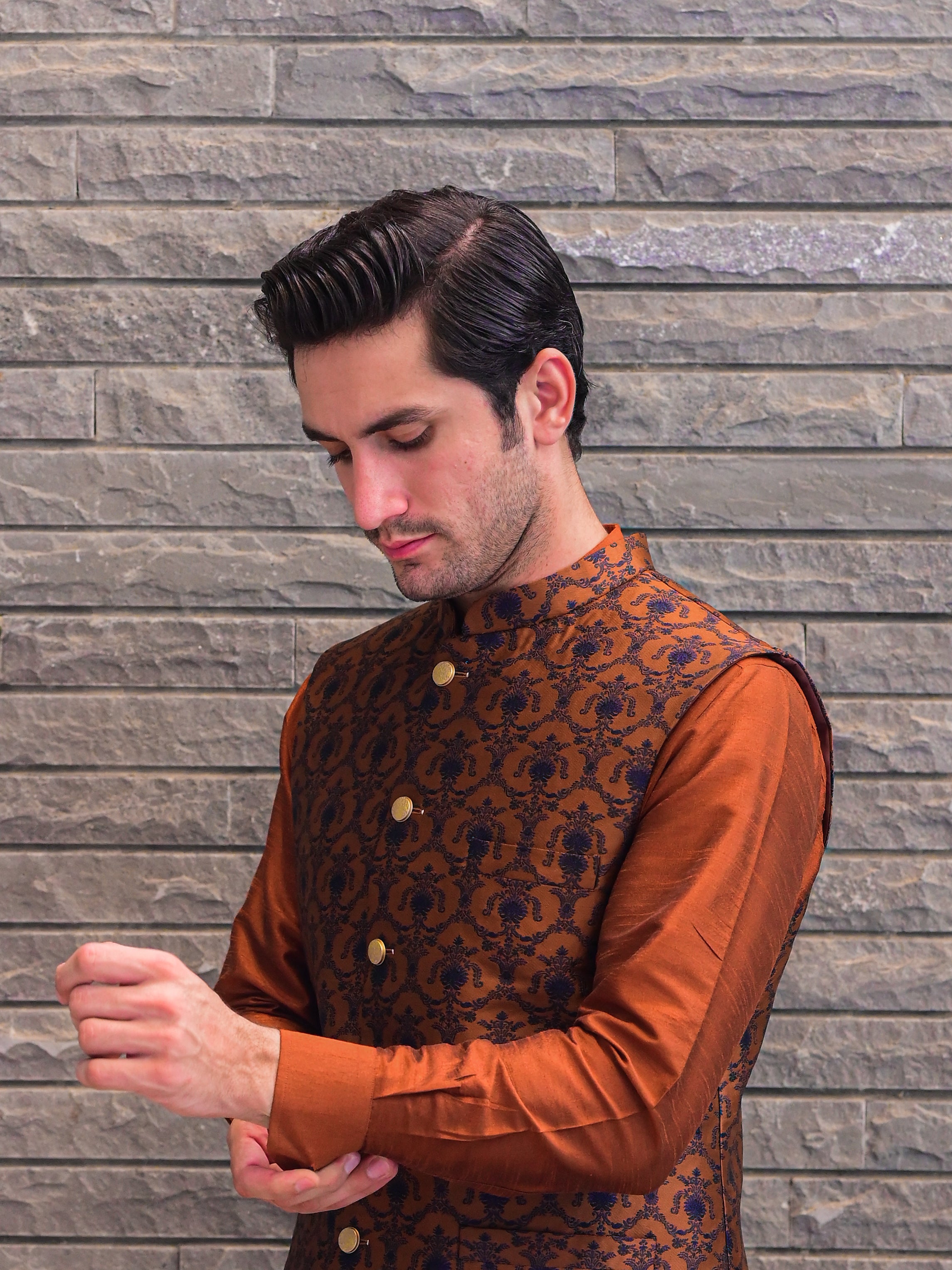Rust Brown Blue Cross Embroidered Waist Coat J-4.