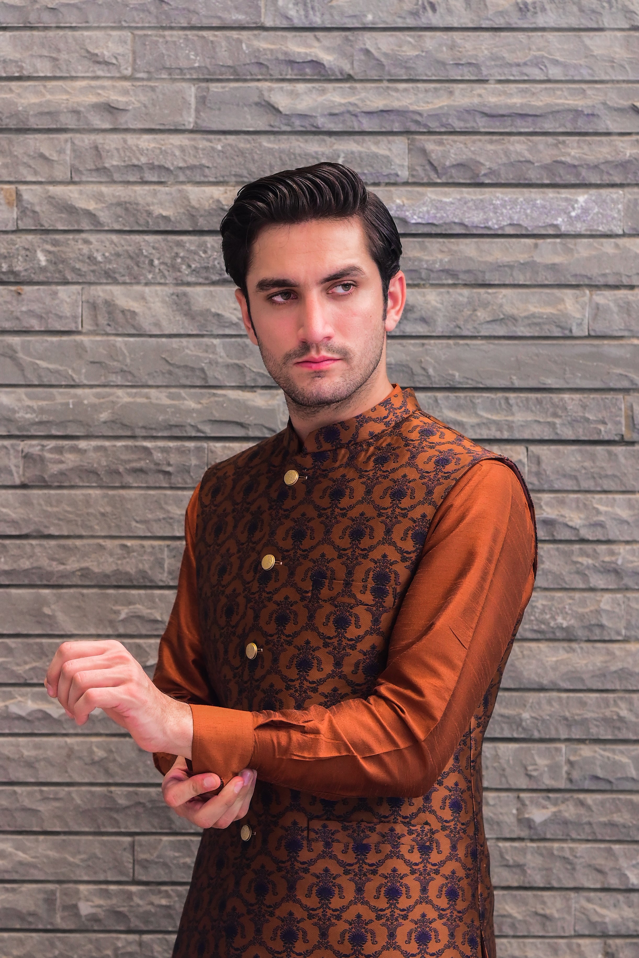Rust Brown Blue Cross Embroidered Waist Coat J-4.