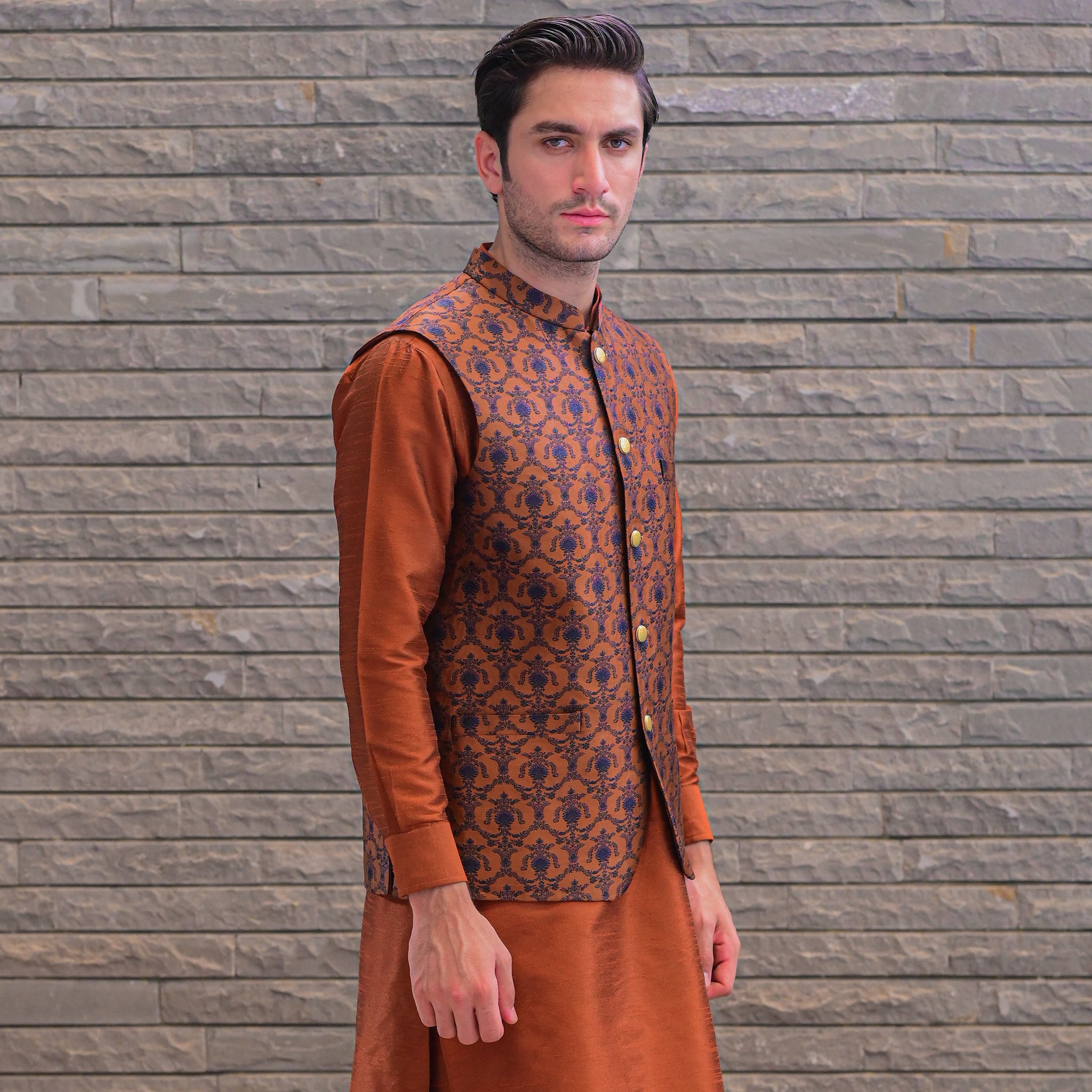 Rust Brown Blue Cross Embroidered Waist Coat J-4.