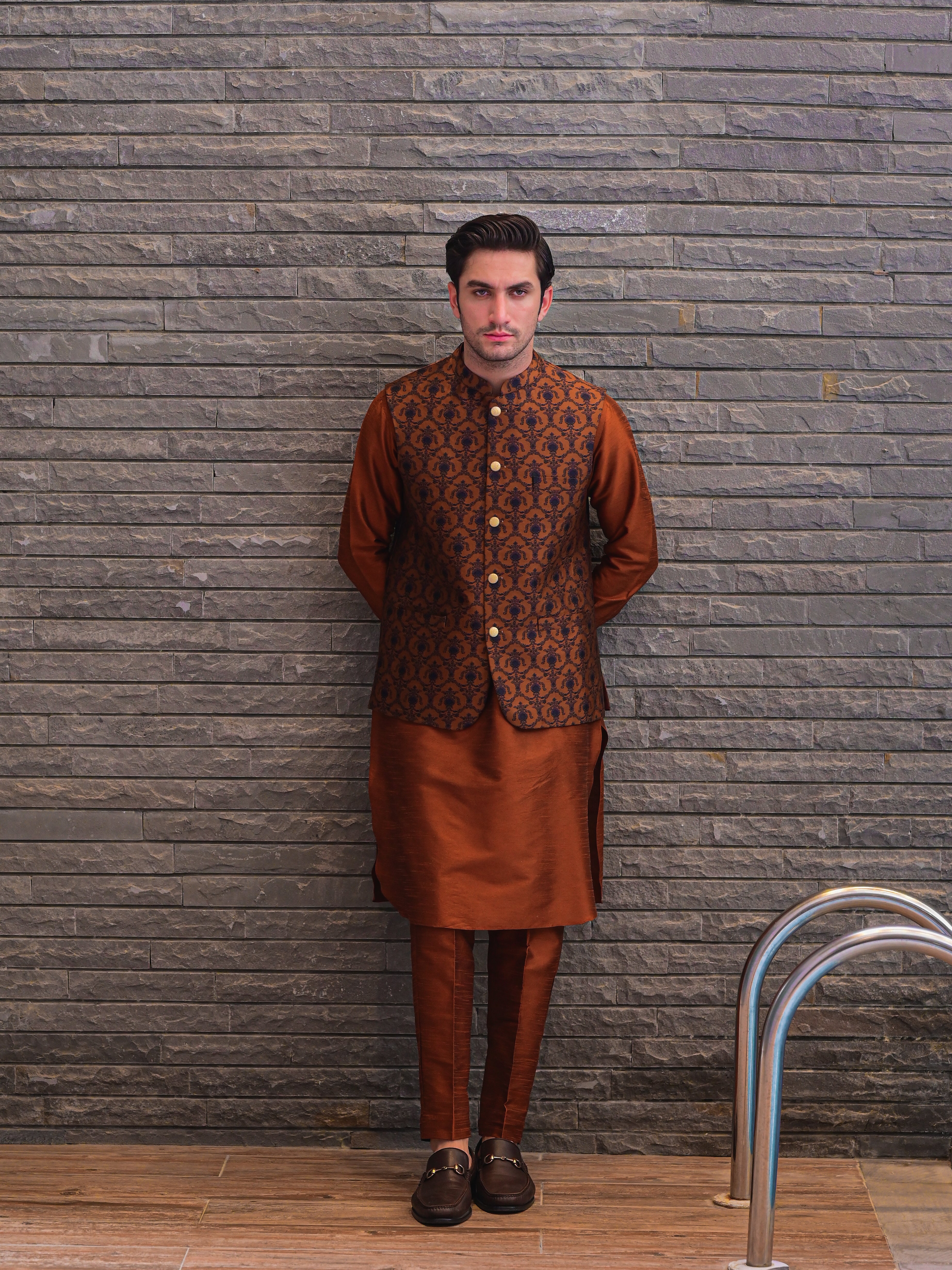 Rust Brown Blue Cross Embroidered Waist Coat J-4.