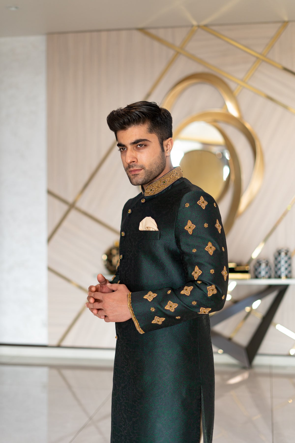 Green Jamawar Sherwani