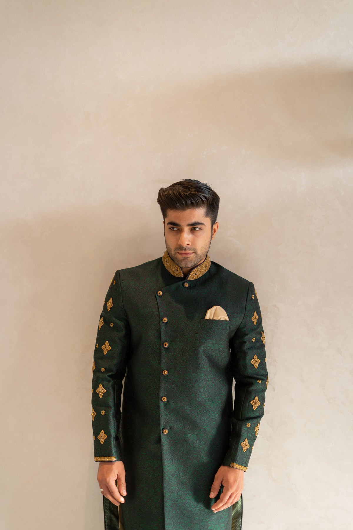 Green Jamawar Sherwani