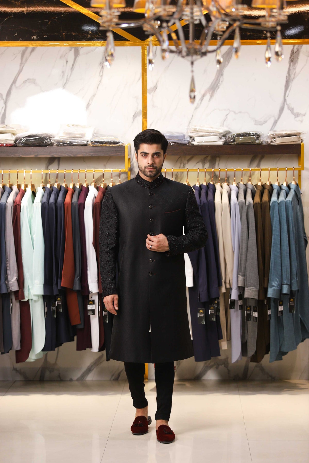 Hand Embroidery Black Sherwani