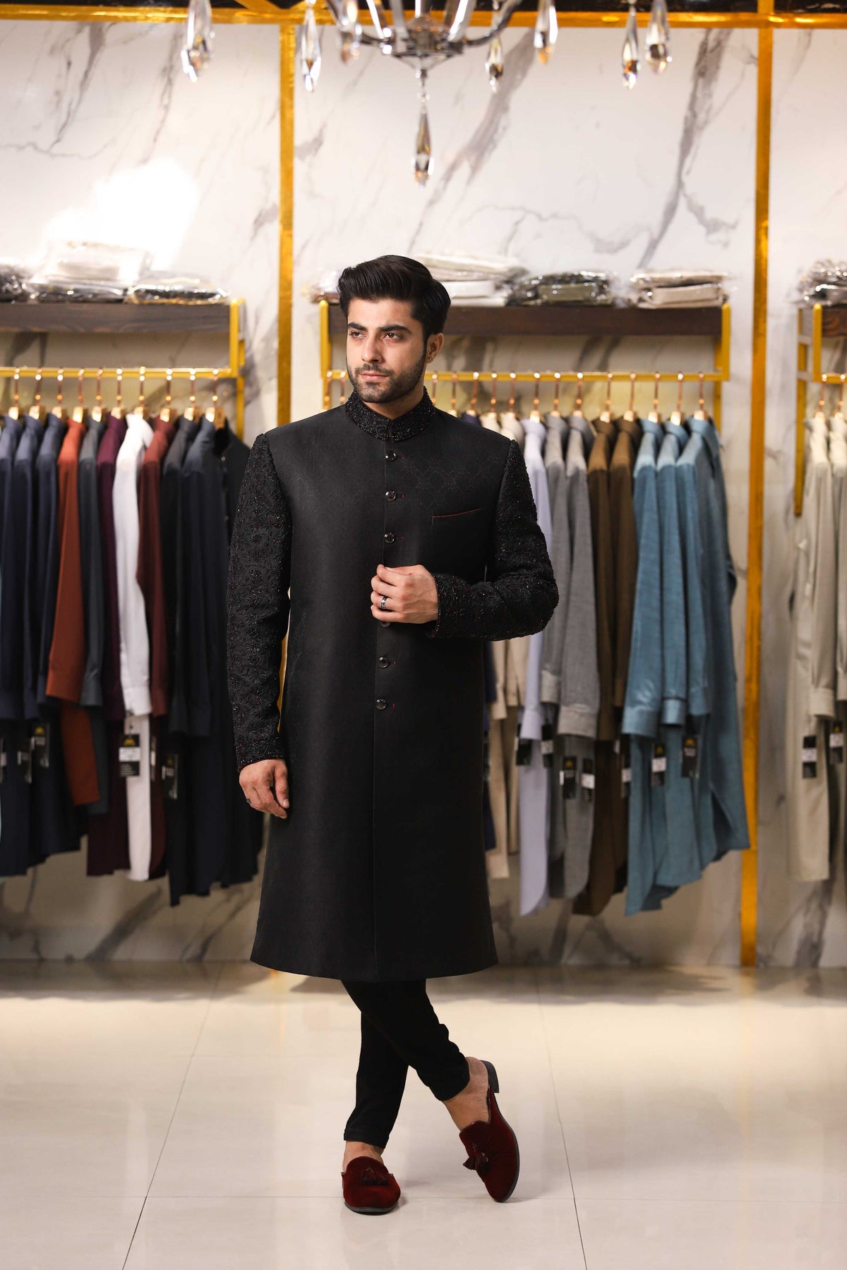 Hand Embroidery Black Sherwani