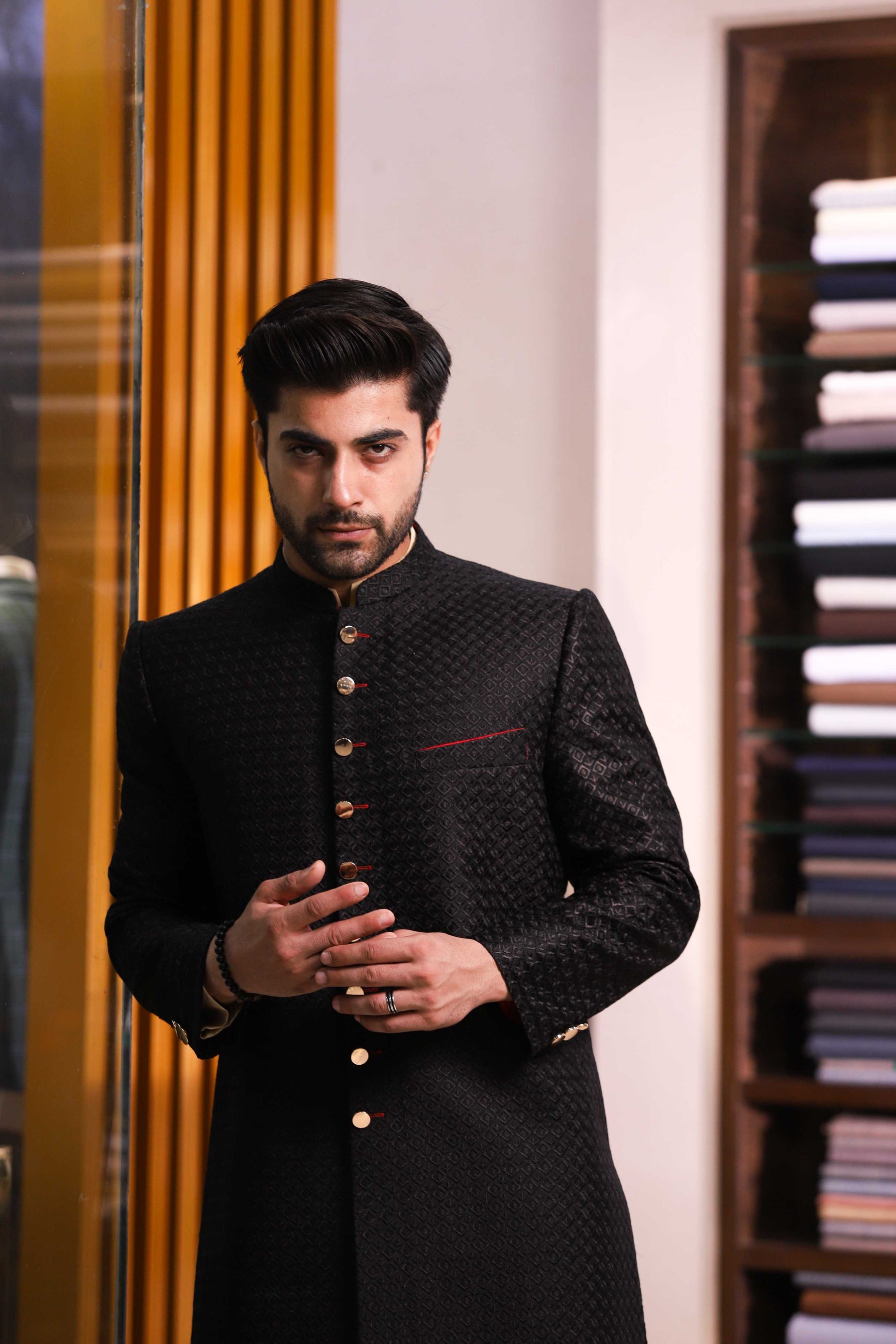 Black Mesuri With Red Kaj And Pipin Sherwani