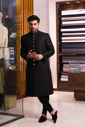 Black Mesuri With Red Kaj And Pipin Sherwani