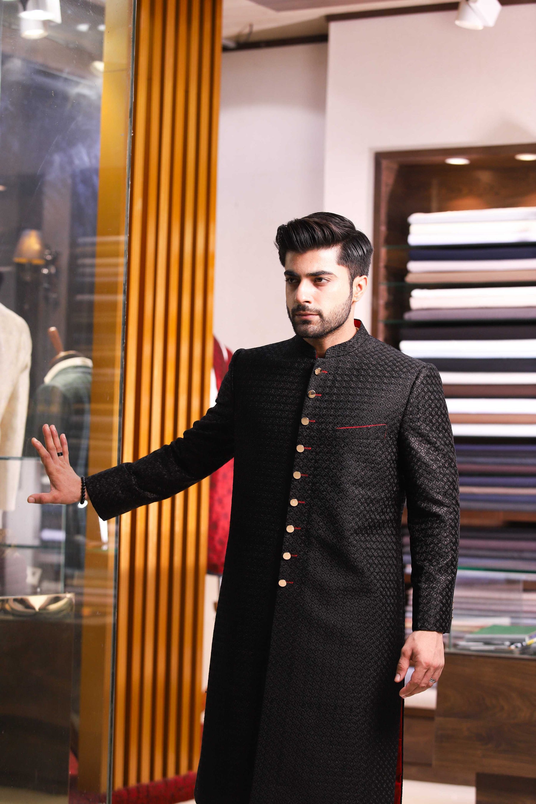 Black Mesuri With Red Kaj And Pipin Sherwani