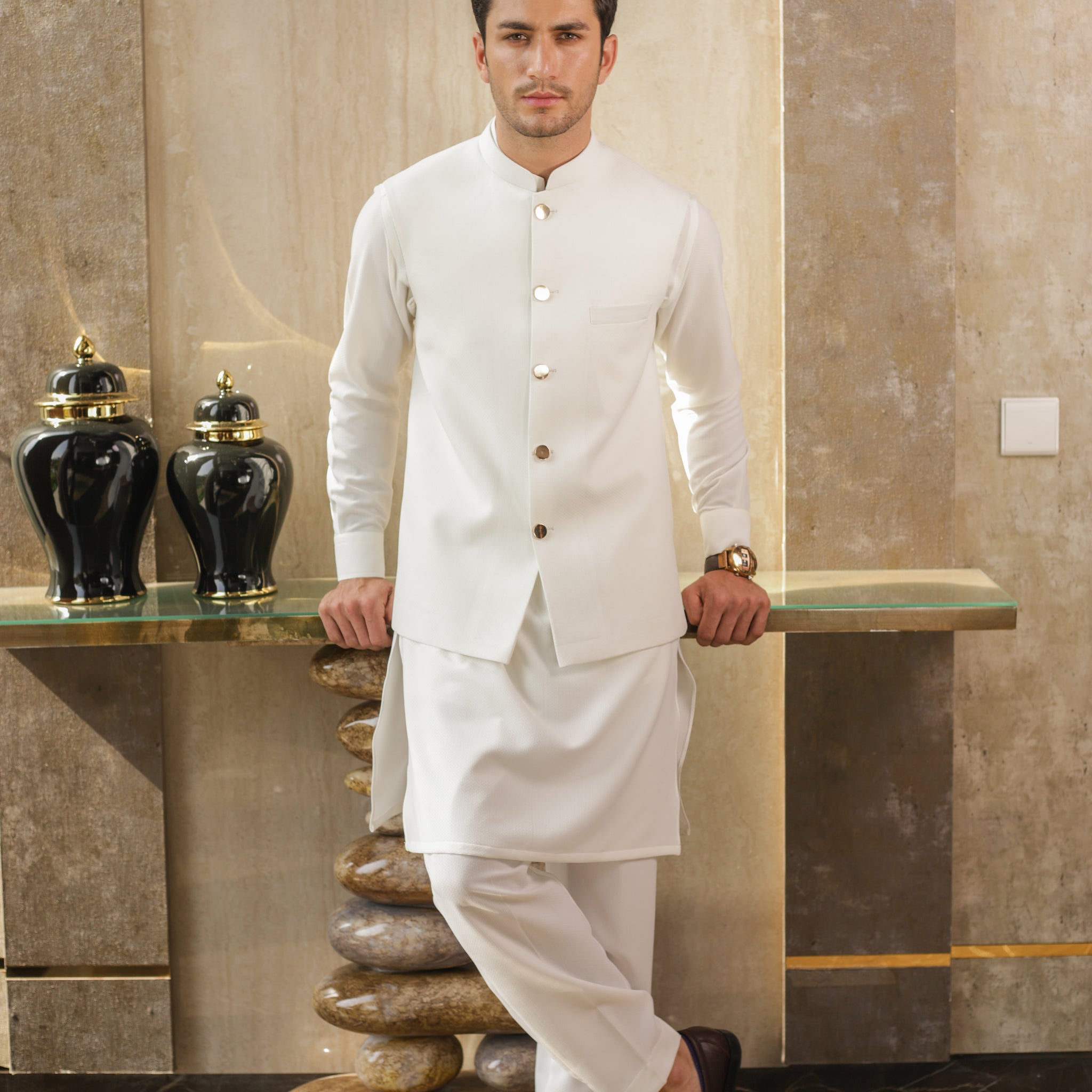 Snowdrift White - Waistcoat & Kurta-Pyjama Set