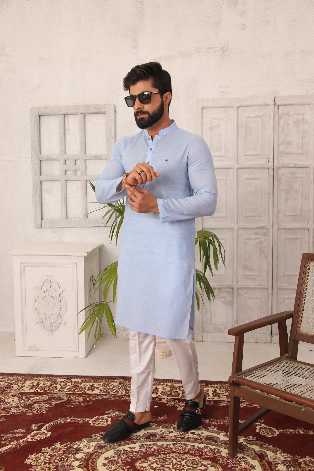 Baby Blue Linen - Kurta Pyjama