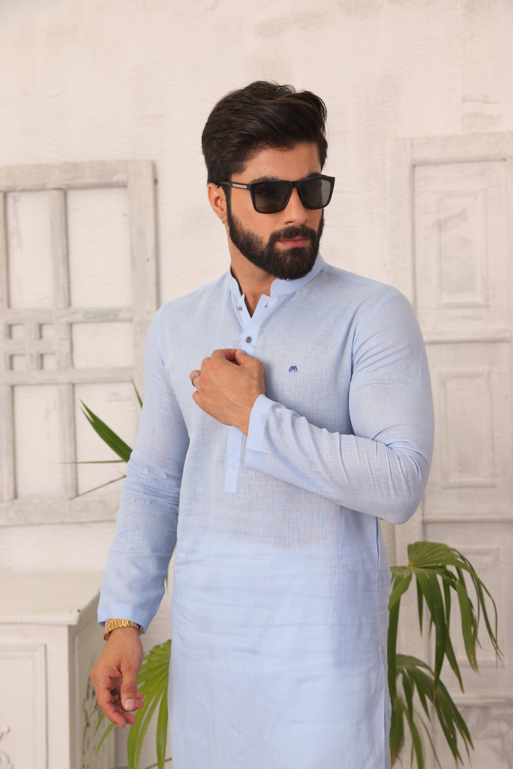 Baby Blue Linen - Kurta Pyjama