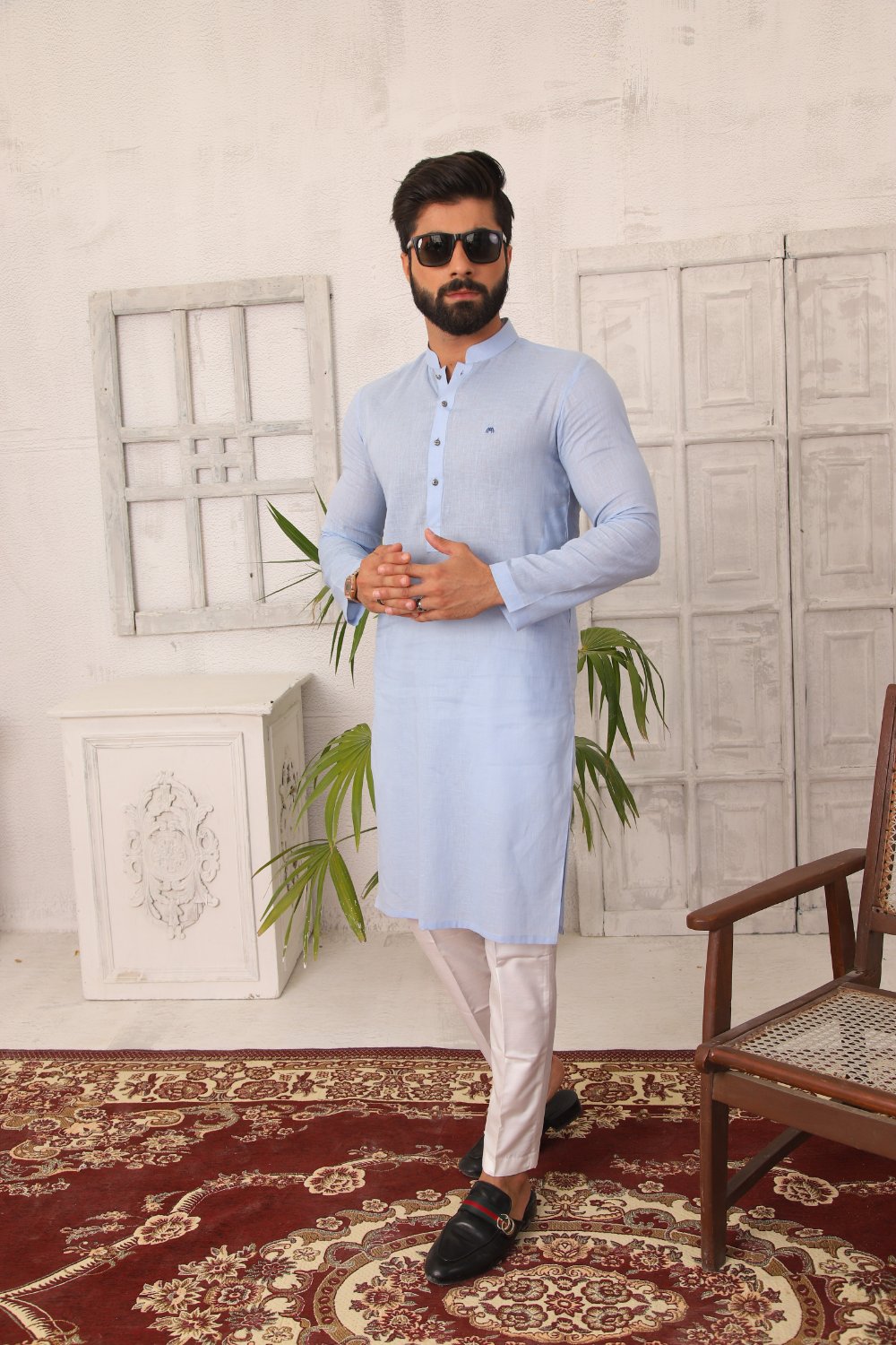 Baby Blue Linen - Kurta Pyjama