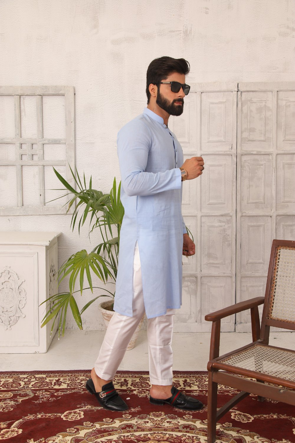 Baby Blue Linen - Kurta Pyjama